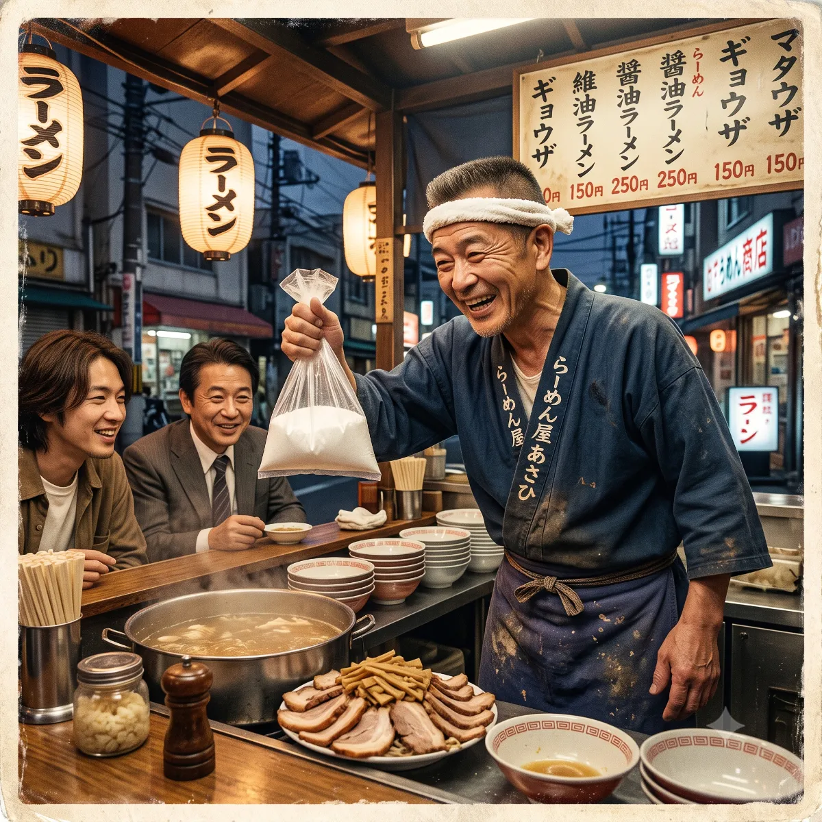 マルタイ棒ラーメン誕生秘話Ai生成イメージ、化学調味料を教えるところ