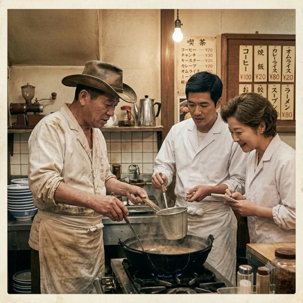 マルタイ棒ラーメン誕生秘話AI生成イメージ2、ラーメンを教えるところ