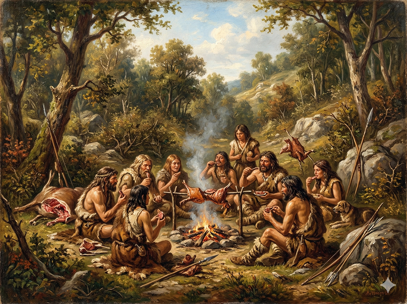 狩猟民族たちが焚き火で食事